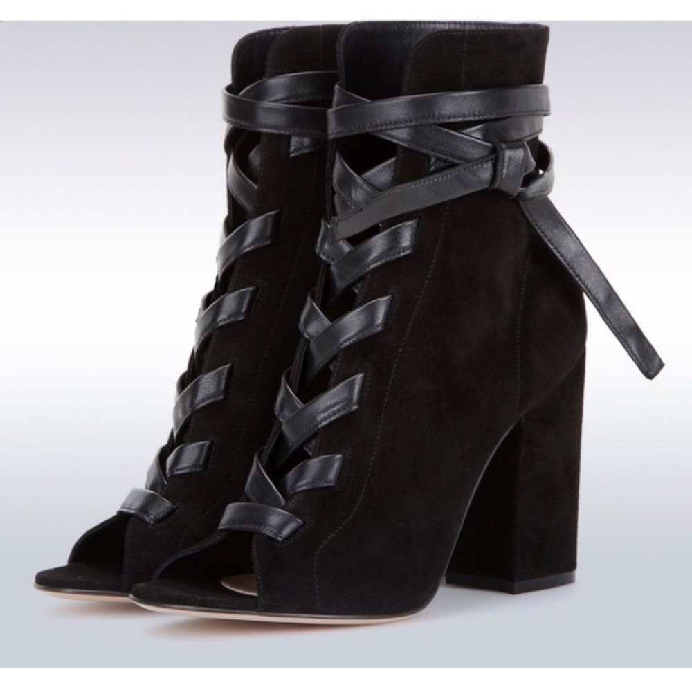 Peep Toe Leather Laces Block Heel Ankle Bootie